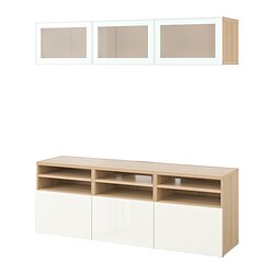 BESTÅ, TV storage combination/glass doors, Selsviken high-gloss / Glassik light green frosted glass