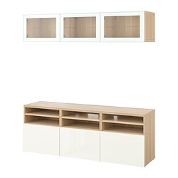 BESTÅ, TV storage combination/glass doors, Selsviken high gloss / Glassik light green clear glass