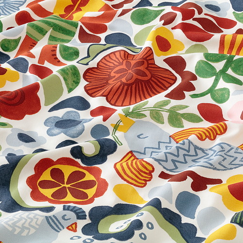 Tela brillante y abstracta con atrevidos motivos florales, de pájaros y humanos. Colores vivos sobre algodón reciclado.