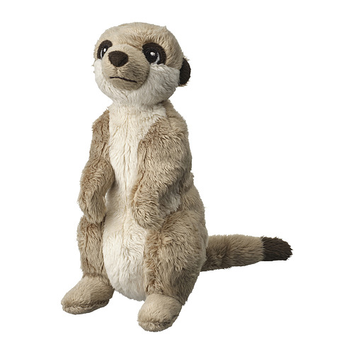 Lindo juguete de suricato de peluche, beige, suave, sentado en posición vertical, con pies y orejas de color marrón oscuro.
