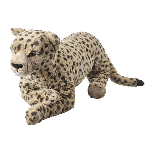 Juguete de guepardo de peluche, beige con manchas negras, diseño suave y realista, posición agachada, fabricado en poliéster reciclado.
