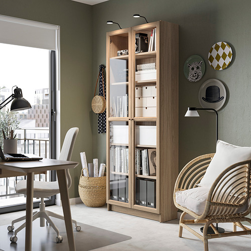 BILLY / OXBERG, bookcase w glass doors 2 of 7 open dialog