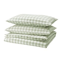 EKTANDVINGE, duvet cover and pillowcase(s), Pale grey-green white / check