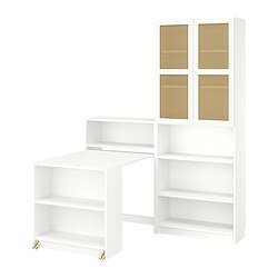 BILLY/OXBERG, bookcase with foldable table, White / woven bamboo