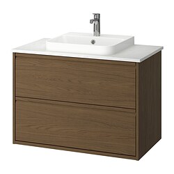 ÄNGSJÖN/BACKSJÖN, Bathroom vanity with sink & faucet, Brown oak effect / white marble effect
