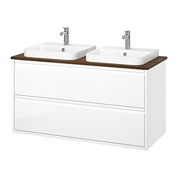 ÄNGSJÖN/BACKSJÖN, Bathroom vanity with sink & faucets, High-gloss white / brown walnut effect