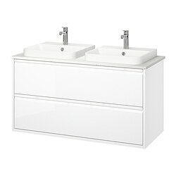 ÄNGSJÖN/BACKSJÖN, Bathroom vanity with sink & faucets, High-gloss white / white marble effect