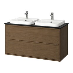 ÄNGSJÖN/BACKSJÖN, Bathroom vanity with sink & faucets, Brown oak effect / black marble effect