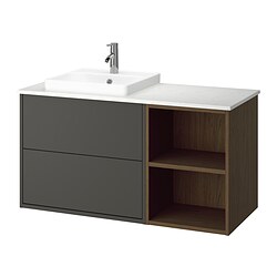 HAVBÄCK/ORRSJÖN, Bathroom vanity with sink & faucet, Dark grey / brown oak effect / white marble effect