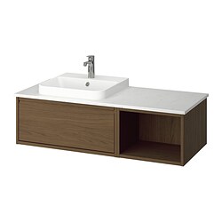 ÄNGSJÖN/BACKSJÖN, Bathroom vanity with sink & faucet, Brown oak effect / white marble effect