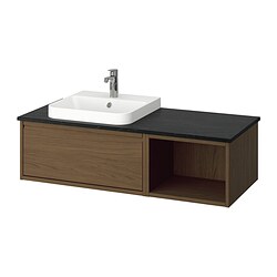 ÄNGSJÖN/BACKSJÖN, Bathroom vanity with sink & faucet, Brown oak effect / black marble effect