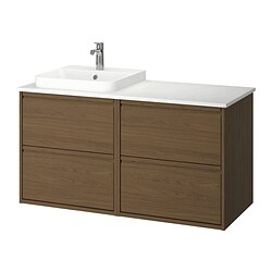 ÄNGSJÖN/BACKSJÖN, Bathroom vanity with sink & faucet, Brown oak effect / white marble effect