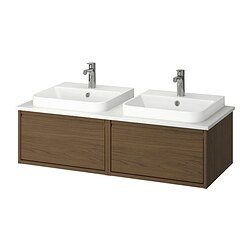 ÄNGSJÖN/BACKSJÖN, Double vanity with sink & faucet, Brown oak effect / white marble effect