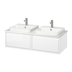 ÄNGSJÖN/BACKSJÖN, Double vanity with sink & faucet, High-gloss white / white marble effect
