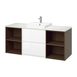 ÄNGSJÖN/BACKSJÖN, Bathroom vanity with sink & faucet, High-gloss white / brown oak effect / white marble effect