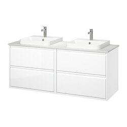 ÄNGSJÖN/BACKSJÖN, Double vanity with sink & faucet, High-gloss white / white marble effect