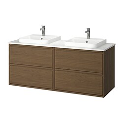 ÄNGSJÖN/BACKSJÖN, Double vanity with sink & faucet, Brown oak effect / white marble effect