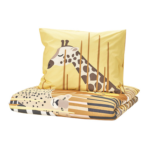 Juego de cama infantil amarillo con diseños de jirafas. Incluye funda nórdica y funda de almohada, algodón y viscosa.