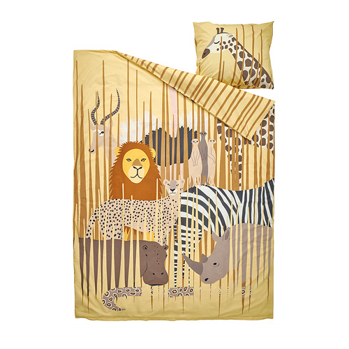 Ropa de cama con temática de safari: león amarillo, cebra, jirafa y más sobre el fondo de la sabana; Edredón y almohada de suave algodón y viscosa.