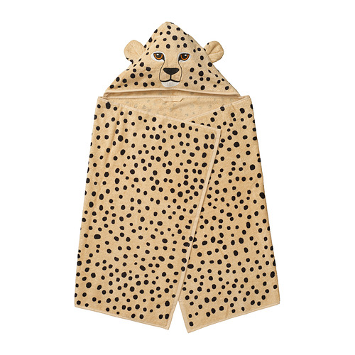 Toalla de guepardo SANDLÖPARE, beige con manchas negras, algodón suave, capucha con cara de guepardo en 3D, accesorio de baño para niños.