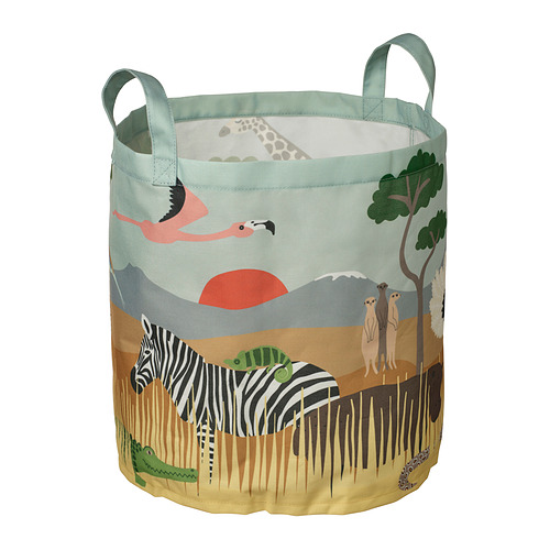 Cesta de almacenamiento con temática de safari, diseñada de colores con una escena de sabana, asas en ambos extremos.