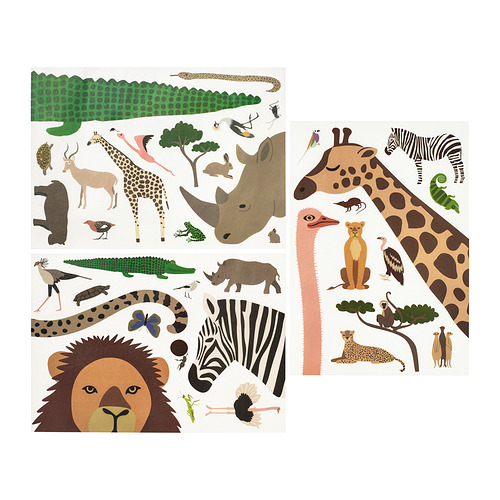 Vinilos de pared con temática de safari, que incluyen jirafas, leones, cebras y más, fondo blanco. Decorativo, autoadhesivo, de papel.