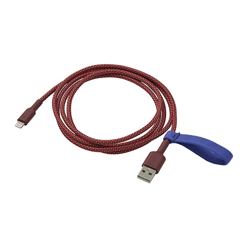 Cable usb rojo LILLHULT, 1. 5m, diseño trenzado, conectores de goma, banda elástica azul.