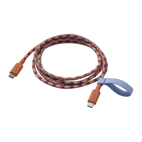 Cable usb-c LILLHULT en color azul anaranjado, diseño tejido con conectores de goma.