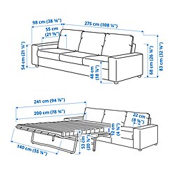 Ilustración de medidas - VIMLE sofá cama 3 plazas