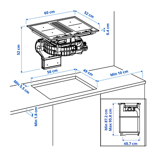 Ilustración con medidas del producto: TÄCKNAN.