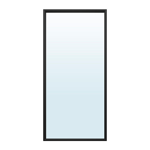 Espejo de pared rectangular, marco negro, diseño moderno.
