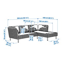Ilustración de medidas - VITTSKÄR sofá 3 plazas con chaiselongue