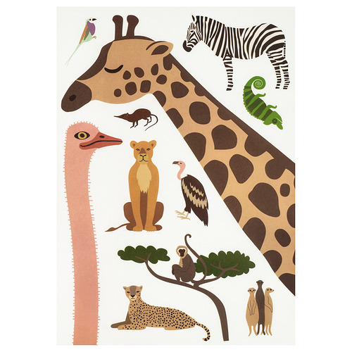 Ilustrativo set de pegatinas safari con jirafa, cebra, león, avestruz, guepardo, suricatos, y otros, ideal para decorar habitaciones infantiles.