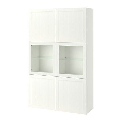Armario blanco BESTÅ con puertas de cristal, diseño moderno, estantes ajustables.