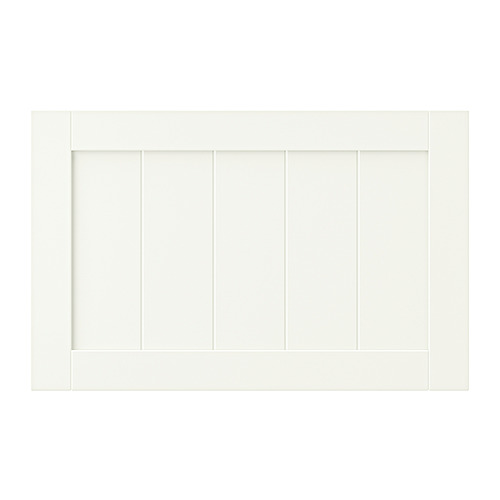 Una puerta de almacenaje rectangular blanca, sencilla y moderna, fabricada en tableros de fibra con un acabado liso.