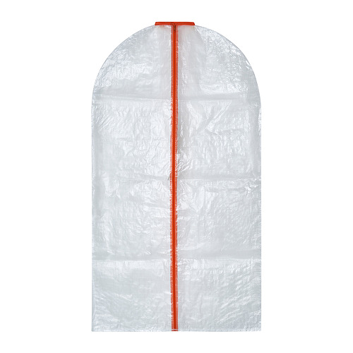 Una funda blanca PÄRKLA, ligeramente transparente, con una cremallera roja para proteger las prendas del polvo.