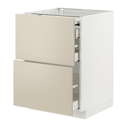 Mueble de cocina moderno con cajones beige, marco blanco y diseño elegante.
