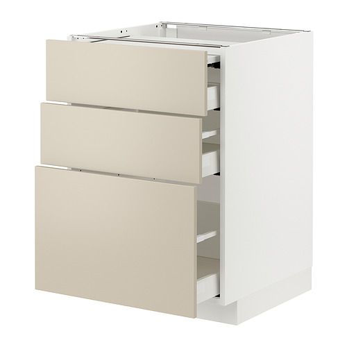 Mueble de cocina METOD blanco, cajones beige, tres cajones totalmente extensibles con mecanismos de cierre automático.