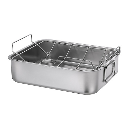 Bandeja de acero inoxidable BAKTIDER con rejilla de alambre, forma rectangular, dos asas laterales.