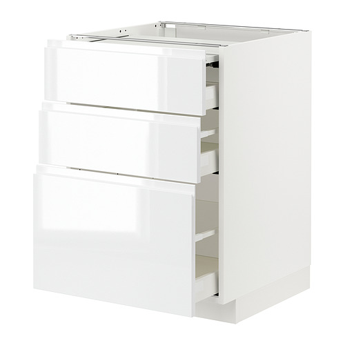 Muestra un mueble de cocina METOD blanco con tiradores integrados y varios cajones. Su acabado blanco elegante, moderno y de alto brillo.