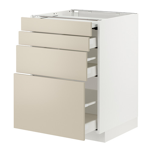 Mueble de cocina moderno METOD, beige. Tres cajones, base blanca, acabado liso.