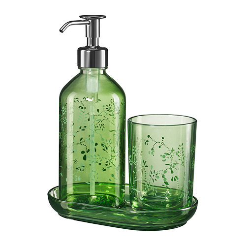 El juego de baño de vidrio verde incluye dispensador de jabón y taza. Diseño floral decorativo, bomba de acero inoxidable, base transparente.