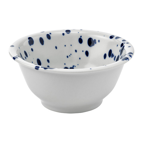 Cuenco redondo blanco, diseño de salpicaduras azules, cerámica.