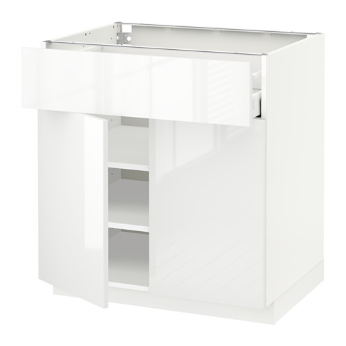 Un mueble de cocina METOD blanco de alto brillo con un diseño moderno. Es un cajón liso y una superficie elegante y reflectante.