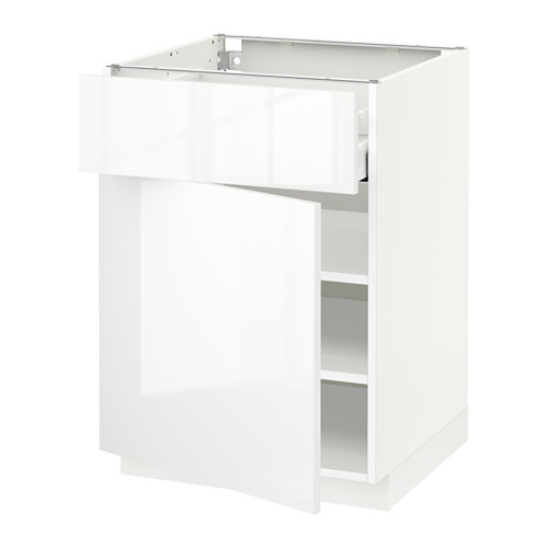 Mueble de cocina METOD blanco de alto brillo, diseño moderno con cajón mediano, estantes ajustables, marco robusto.