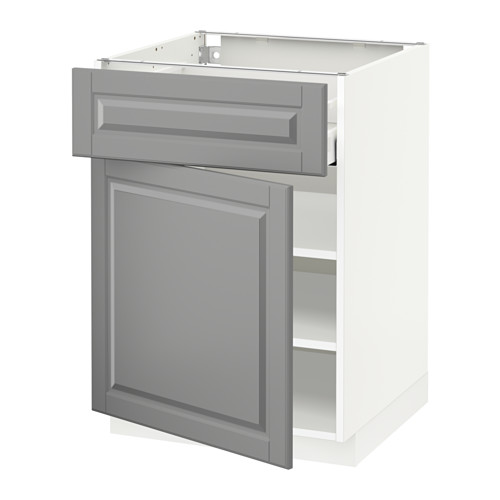 Mueble de cocina moderno gris con un solo cajón grande y puerta, interior blanco.