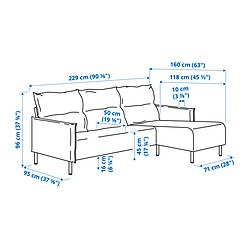 Ilustración de medidas - MANNARP sofá de 3 plazas con chaiselongue