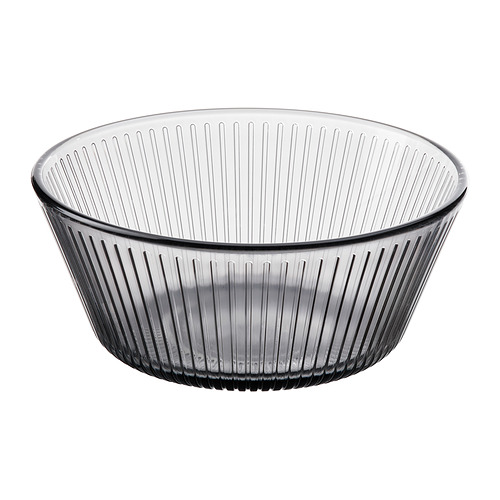 Cuenco de cristal gris ahumado, diseño acanalado, redondo, apilable, templado para mayor durabilidad.