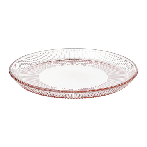 Esta imagen es un plato de vidrio redondo y rosáceo con diseño vertical, hecho de vidrio templado, perfecto para servir alimentos.