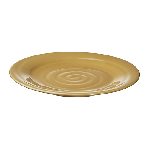 SANDSKÄDDA: plato de cerámica amarillo ocre, gres rústico, forma redonda, diseño ocre.